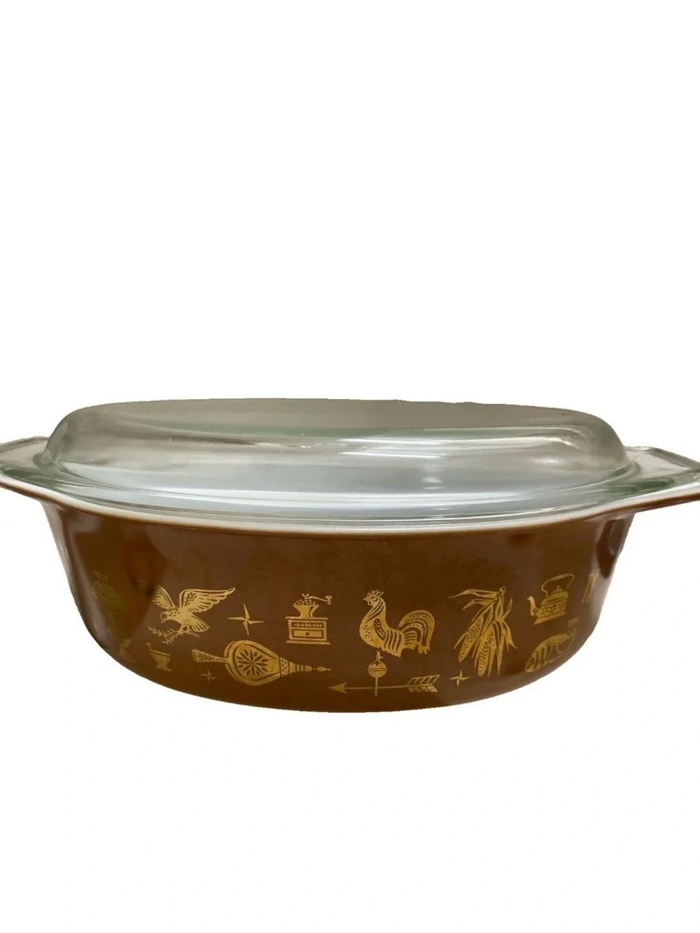Pyrex Brown Casserole Dish with Gold Farm Motif and Glass Lid